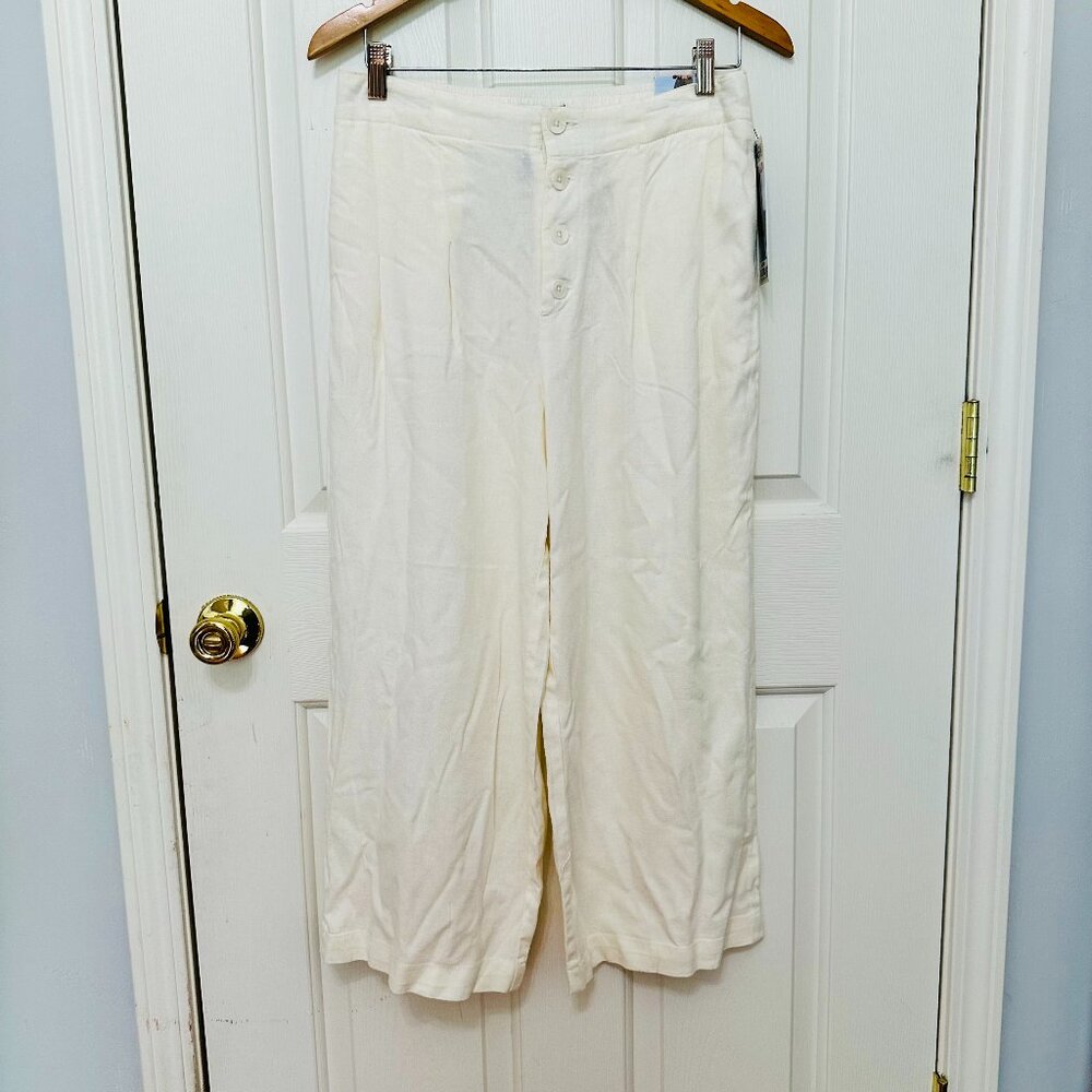 REWASH LINEN BLEND IVORY WIDE LEG CROP PANTS